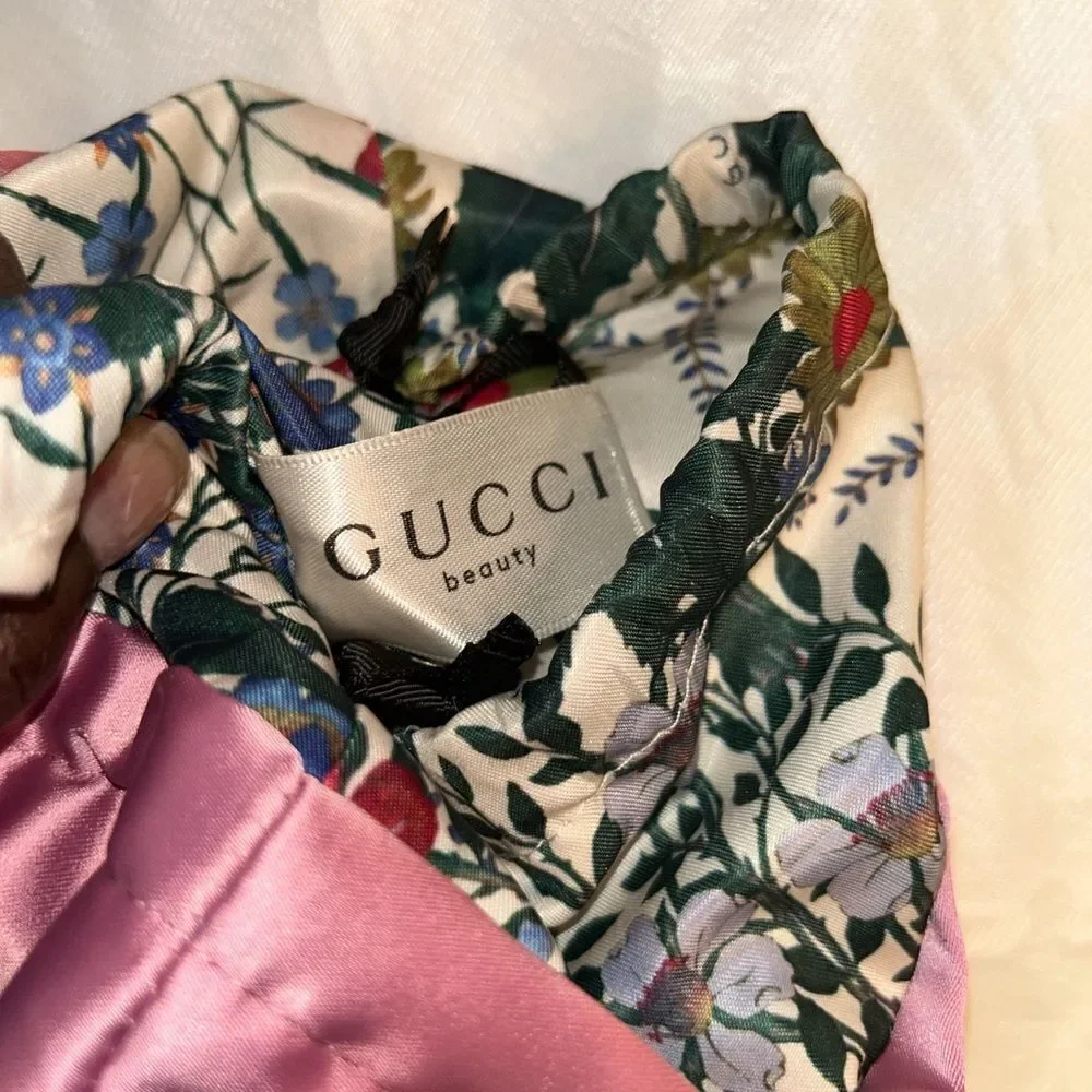 Gucci Beauty Satiny Pink/Floral Print Cosmetic Drawstring Pouch/Bag